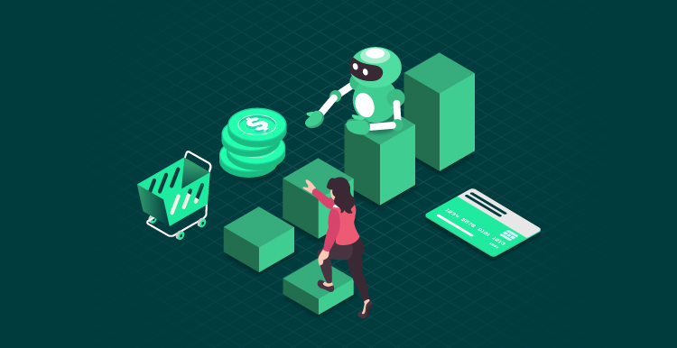 Illustrations with robot and woman going shopping