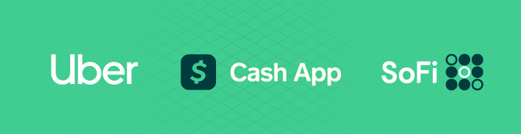 Uber, Cash App, SoFi logo on a green background with white text