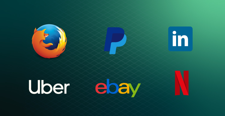 image visualize logo of Firefox, PayPal, LinkedIn, Uber, eBay, and Netflix on green background 
