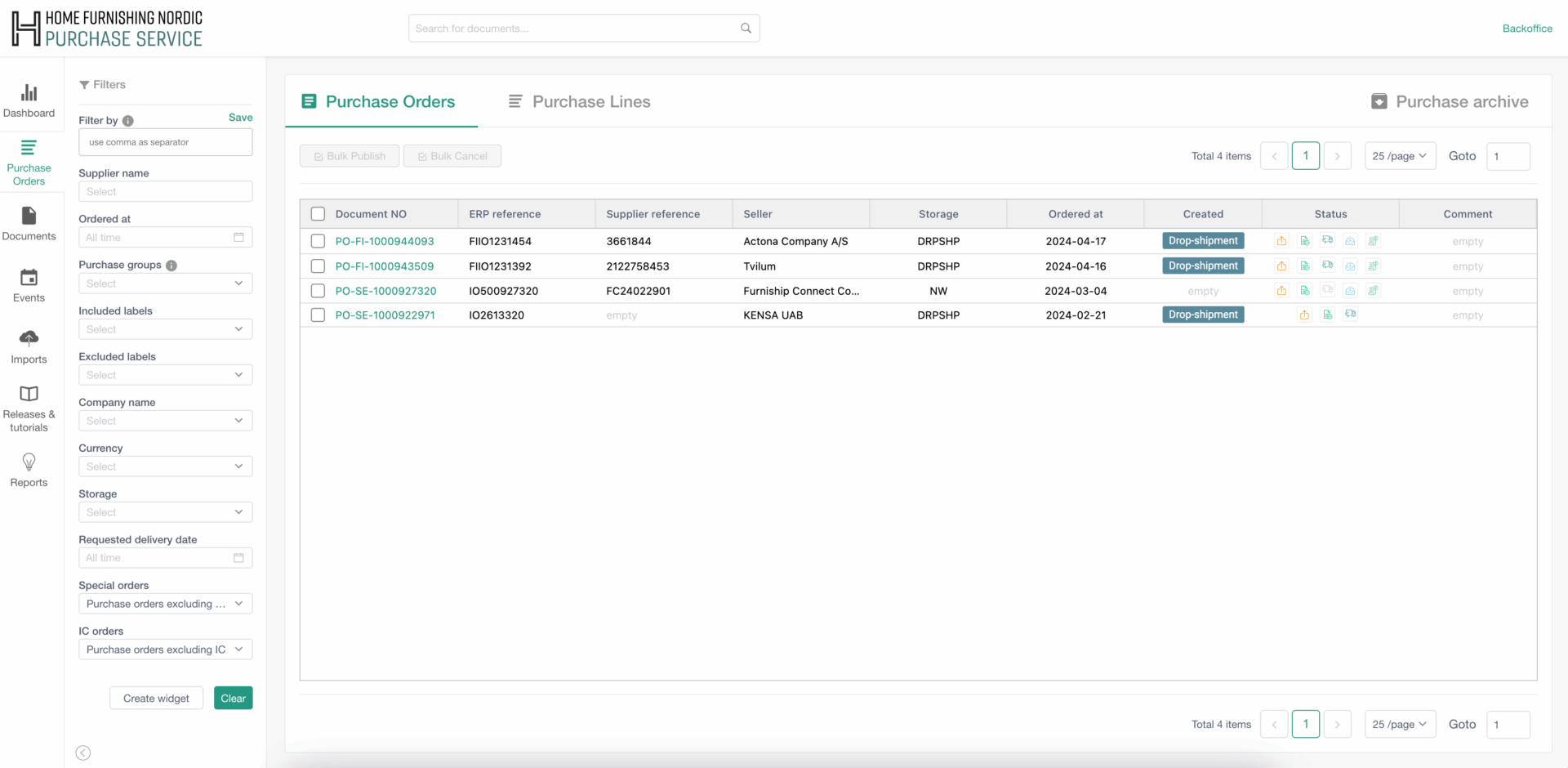 Purchase orders list with applied filters
